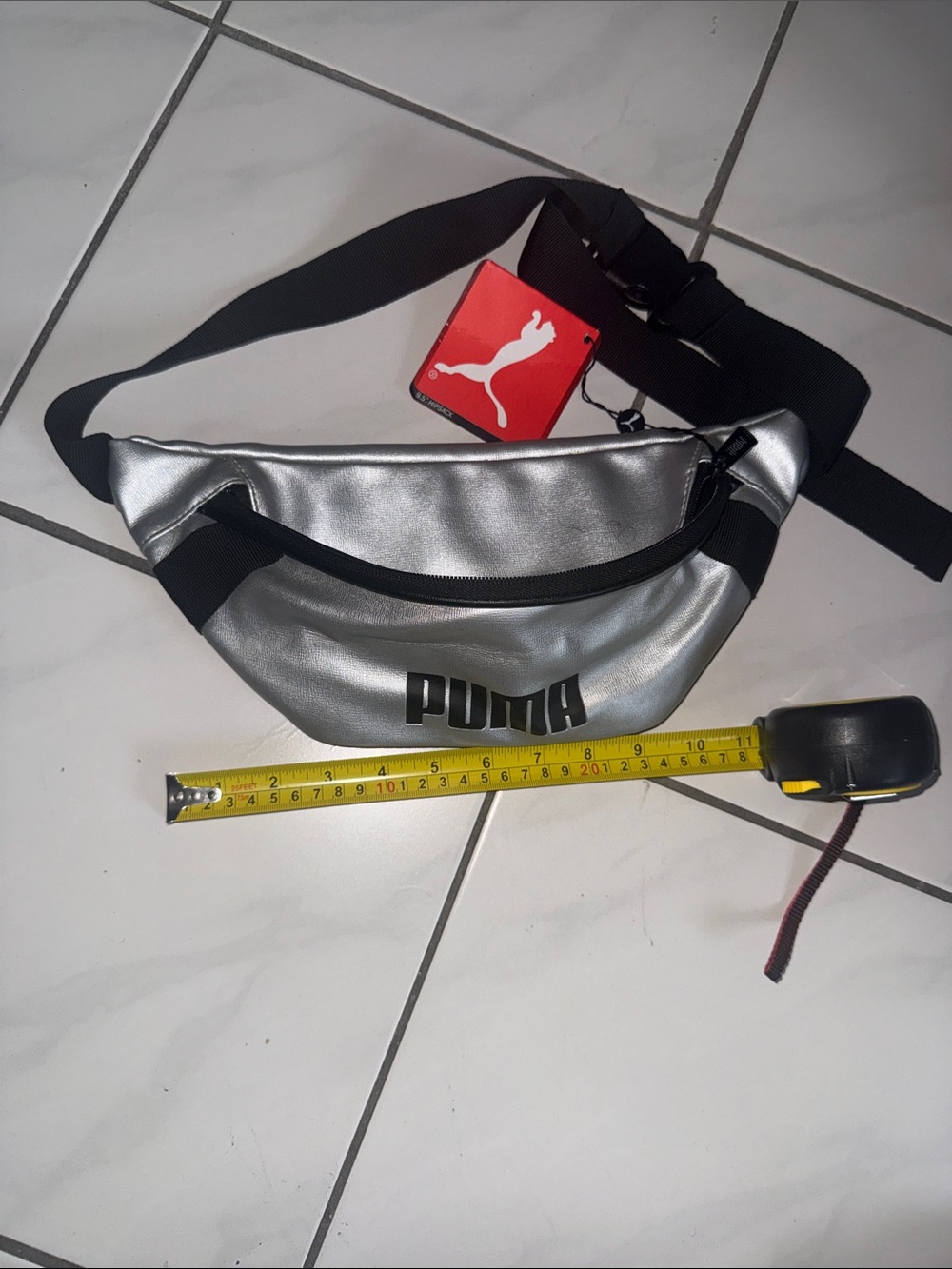 Puma Silver Metallic Belt Bag with Black Strap